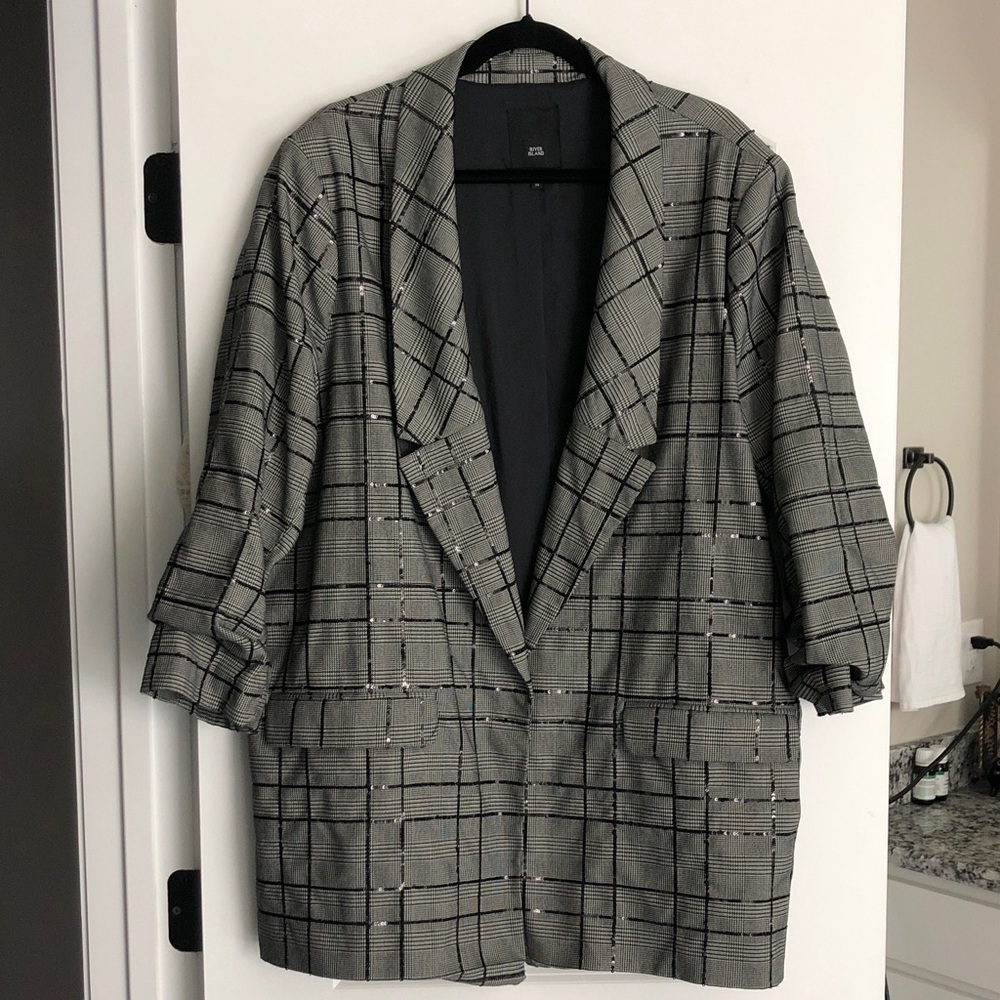 River Island Black plaid sequin detail open front blazer US 22 UK 26